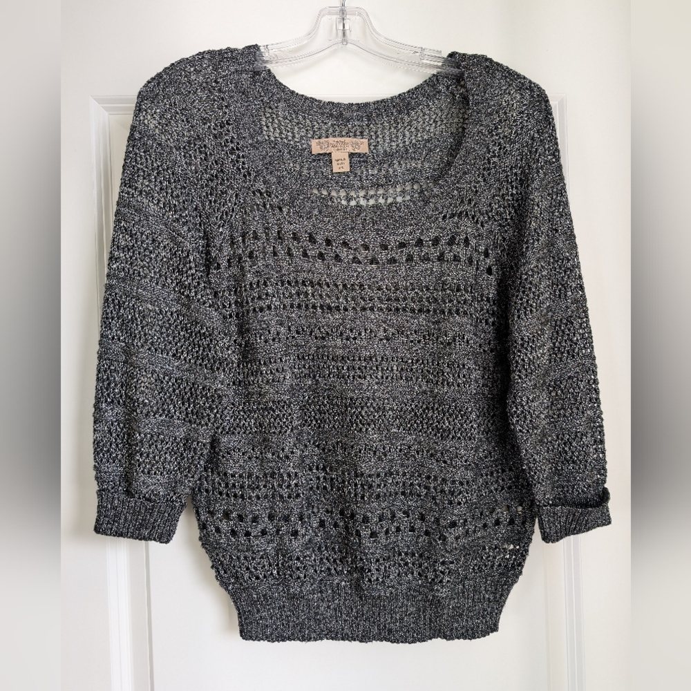 Nine West Vintage America Open Crochet 3/4 Sleeve Sweater PL (Petite Large) Grey